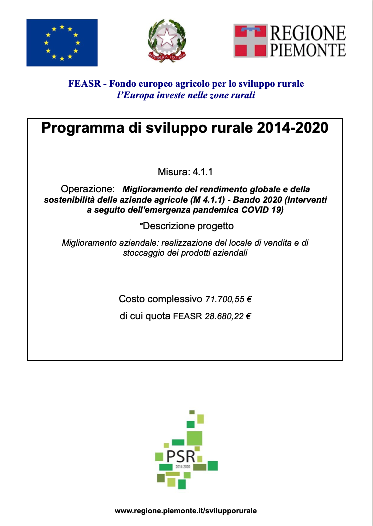 Targa bando europeo - Miglioramento del rendimento globale e della sostenibilità delle aziende agricole - Bando 2020